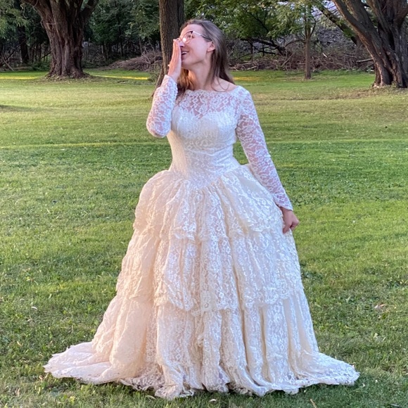 Vintage Dresses & Skirts - Vintage 40s/50s handmade tulle Fairy Ivory Lace Tiered Layered Wedding Dress XS